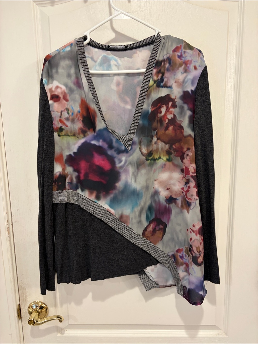 Zara Multicolor Floral V-Neck Knit Panel Hoodie - Charcoal